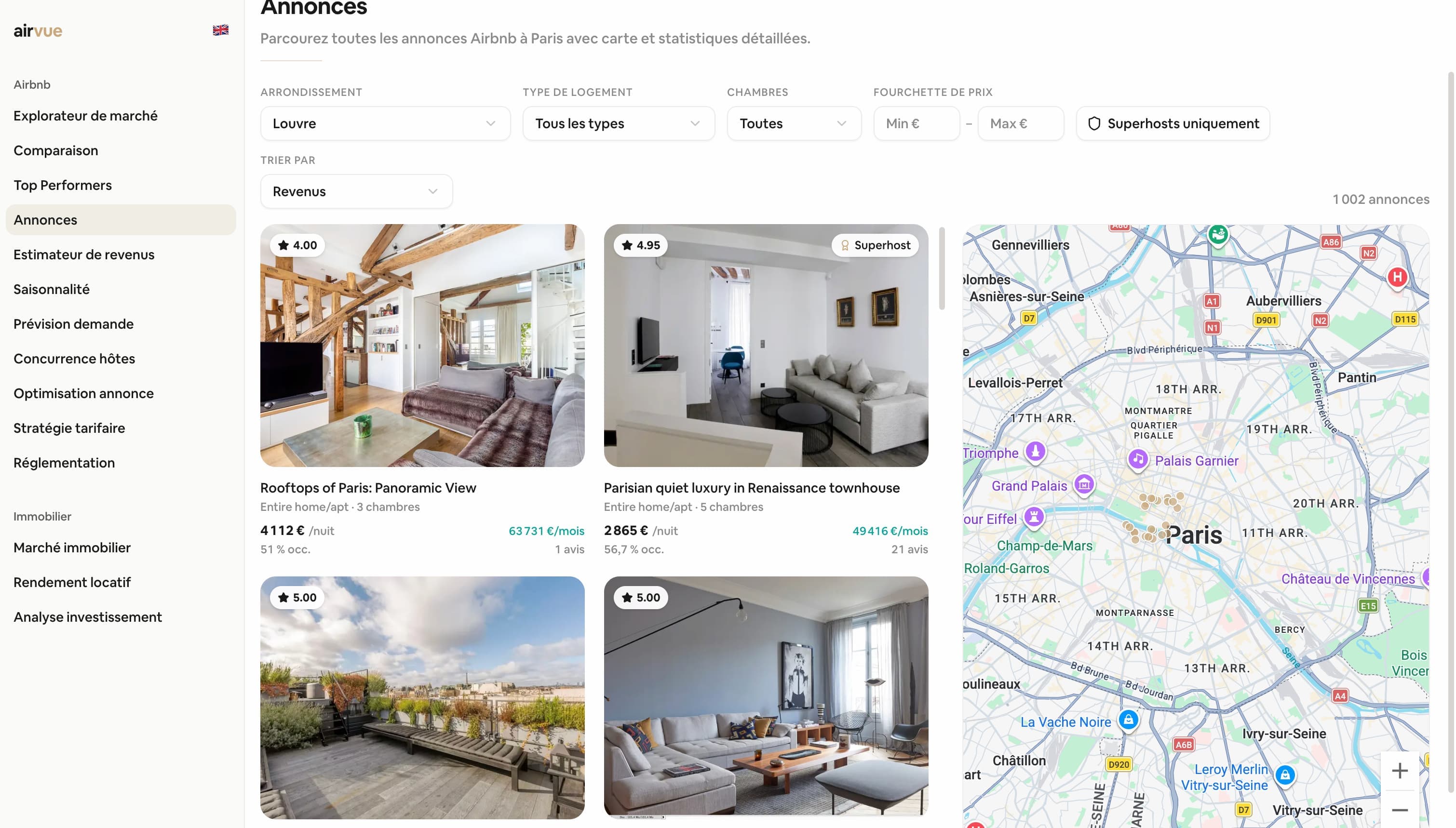 Airvue market explorer — map and listings view